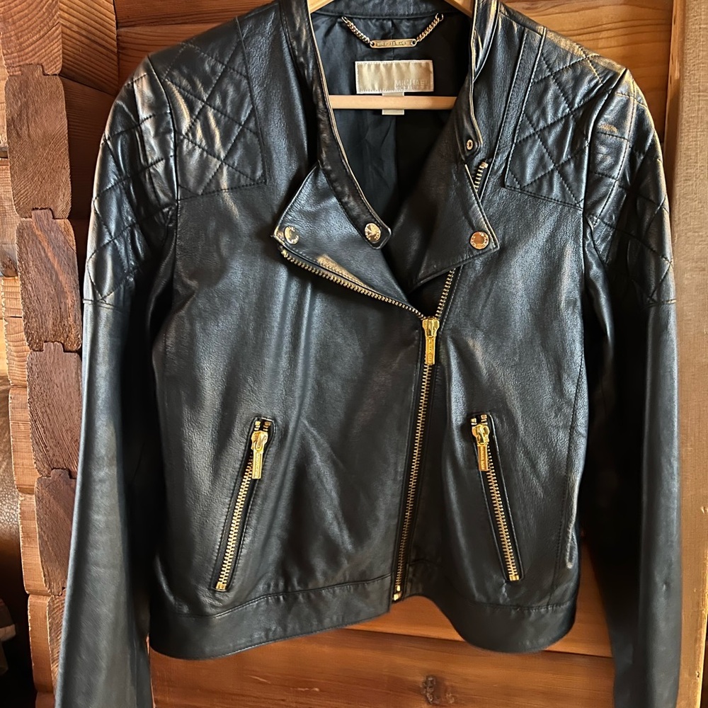 Michael Kors Black and Gold Leather Moto Jacket